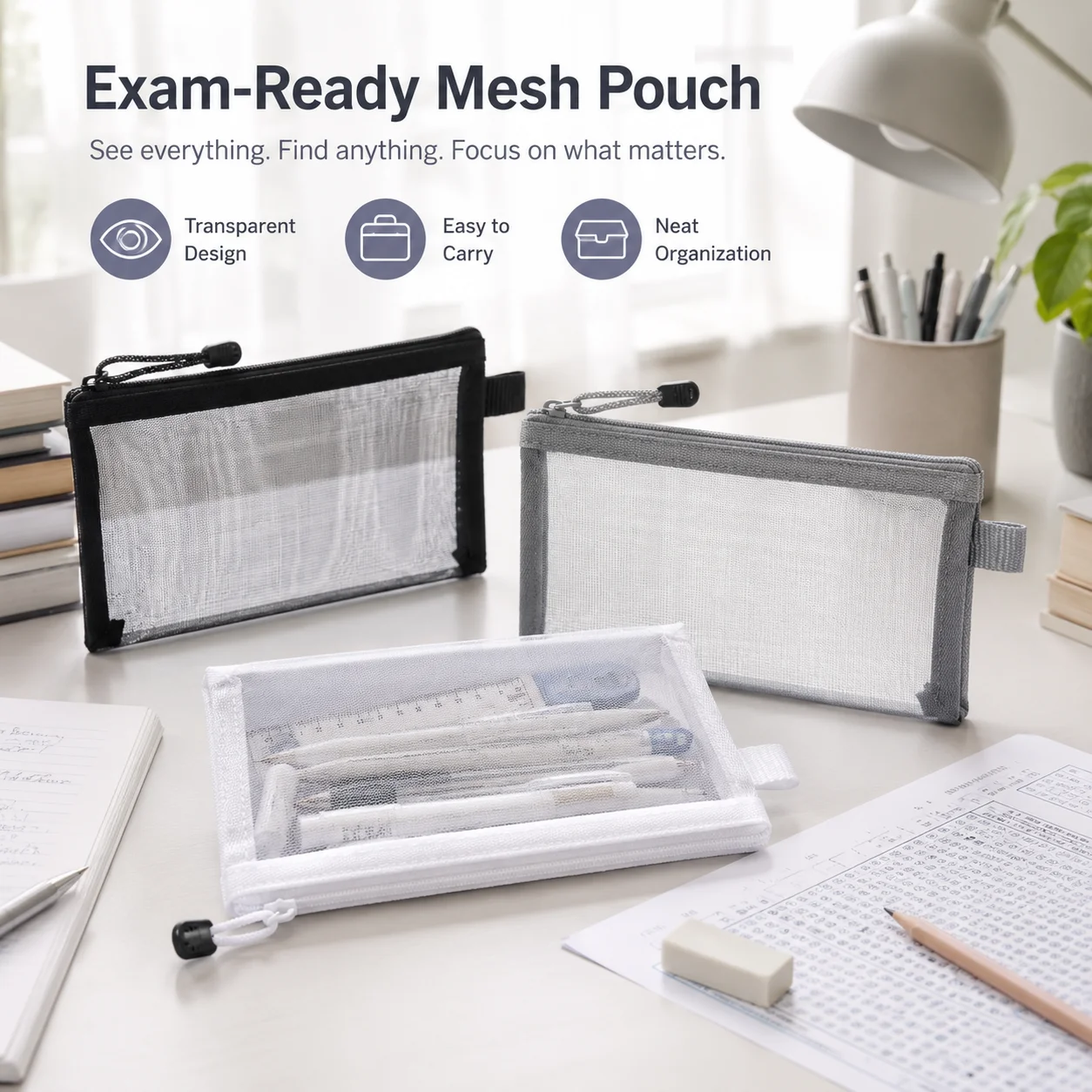 Clear Mesh Pencil Pouch For Exam - Estojo de Lápis de Malha Transparente